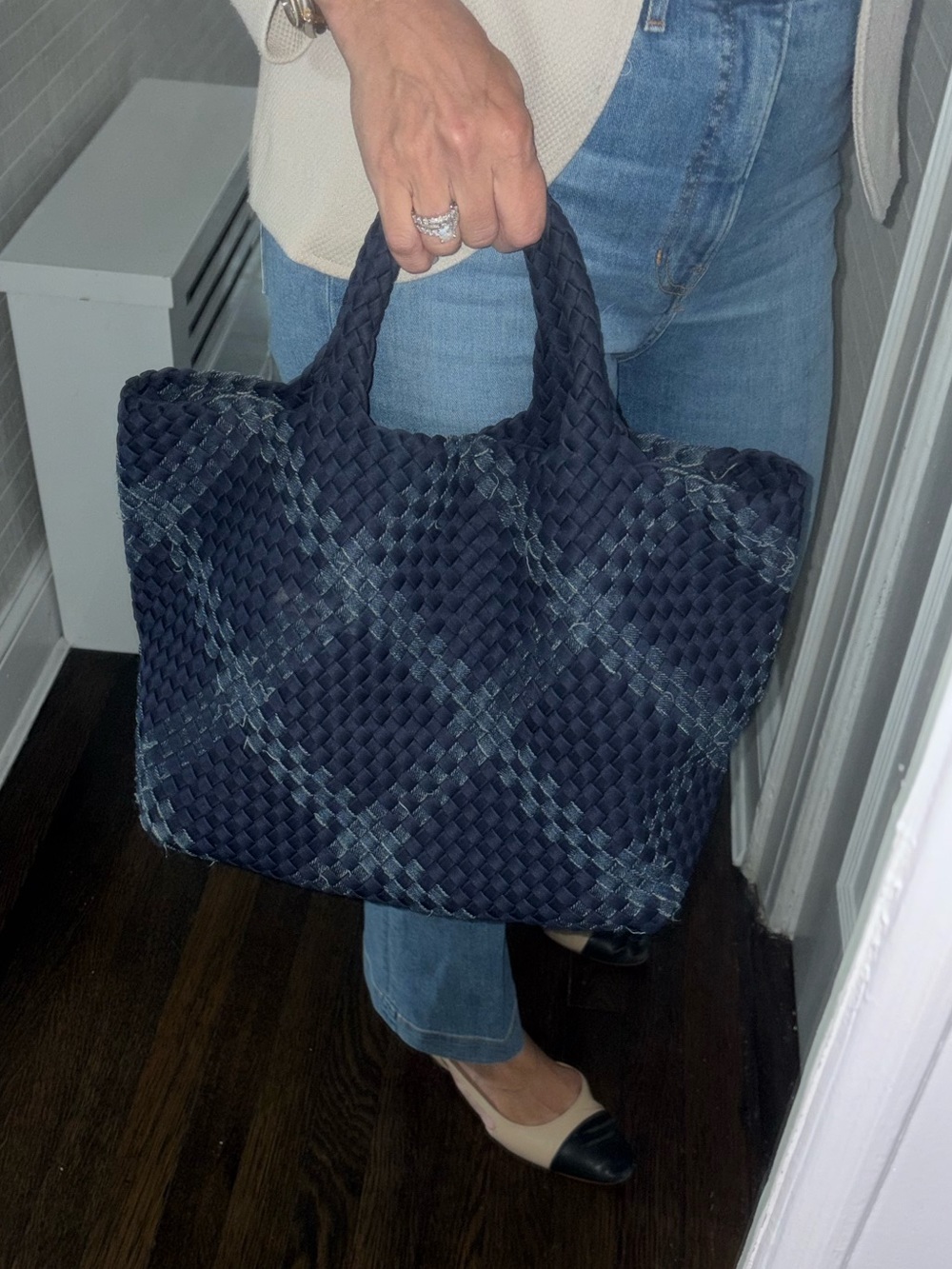 Naghedi Navy Woven Tote with Faded Plaid Detail